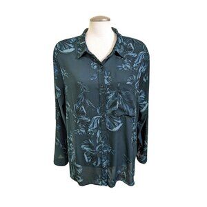 Reitmans Womens Button Up Shirt Plus 2X Green Dark Floral Roll Tab Long Sleeve